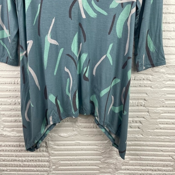 LOGO by Lori Goldstein Button Front Knit Cardigan Tunic Teal Abstract Print M - Picture 12 of 16